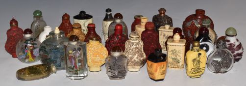 Collection of Chinese snuff bottles including bone, glass, cinnabar style etc