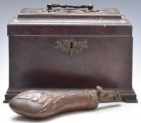 19thC mahogany tea caddy with ornate metal escutcheon and handle, W26 x D15 x H21cm, together with a