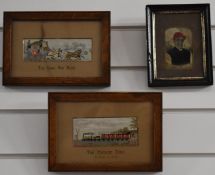 Three framed silk Stevengraph or similar silk pictures, comprising The Good Old Days (coach and