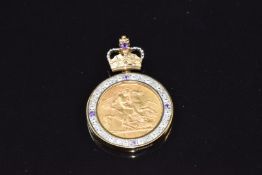 A 9ct gold pendant set with diamonds and amethysts, mounted with a 1926 gold half sovereign with