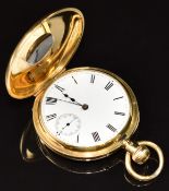 Hopwood of Gloucester 18ct gold keyless winding half hunter pocket watch with inset subsidiary