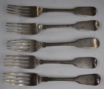 Five Georgian and William IV hallmarked silver fiddle pattern table forks including an Edinburgh