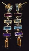 A pair of 9ct gold earrings set with aquamarine, garnet, citrine, topaz & amethyst, 2.7g
