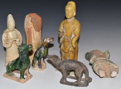 Tang dynasty and similar tomb attendant figures including dogs, musicians etc