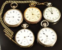Five various pocket watches including one hallmarked silver, two stamped 'Fine Silver', Railway