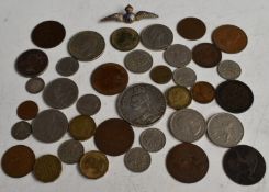 1889 silver crown, sundry coinage and a silver and enamel RAF badge