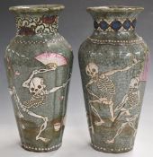 Pair of Chinese crackle glazed vases decorated with dancing skeletons, H34cm