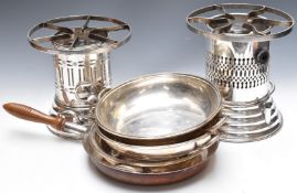 Two Gueredon catering stoves, one primus gas, the other methylated spirits, a frying pan and three