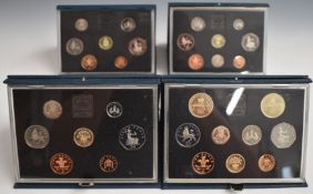 Royal Mint UK Proof coin sets 1988, 1989, 1990 and 1991, in deluxe cases