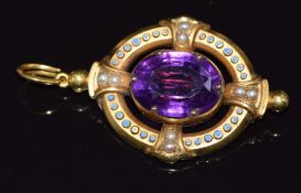 Victorian pendant/ brooch set with an oval cut amethyst, enamel and split pearls, 5.5cm x 3cm, 14.