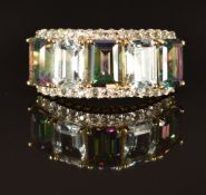 A 9k gold ring set with aquamarine, mystic topaz and white topaz, size M, 4.2g