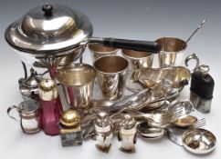 Silver plated ware to include novelty penguin salt and peppers, Mappin & Webb and a warmer
