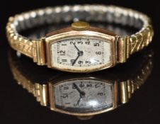 Ladies 9ct gold wristwatch with blued hands, black Arabic numerals, silver dial and unsigned