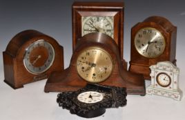Six various clocks to include an 8 day American shelf clock with Cheltenham retailer, Wurttemberg