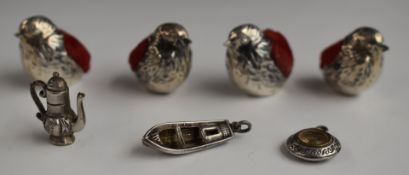 Four novelty hallmarked silver pin cushions in the form of birds or chicks, import marks for