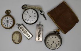 Two silver fob watches, two silver ingots, a fob watch and a faux cameo brooch