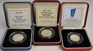 Three Royal Mint UK Silver Proof Piedfort 50p coins comprising NHS, Single EU Market 92-93 and D-Day