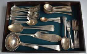 Hallmarked silver canteen of Old English pattern cutlery comprising two basting spoons, six table