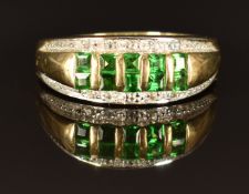A 9k gold ring set with tsavorite garnets and zircon, size N, 3.8g