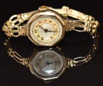 Swiss 9ct gold ladies wristwatch with Breguet hands, black Arabic numerals, mother of pearl
