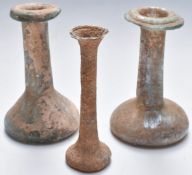 Three Roman iridescent glass vases, tallest 11cm, found Ronda Malaga, Spain