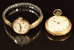 Allan & Daws 18ct gold keyless winding open faced pocket watch with black hands and Arabic numerals,