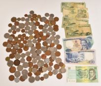 Small collection of UK coinage with a few banknotes, overseas WW2 era coins etc, very small silver