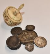 Georgian bone teetotum, H6cm, small compass and a collection of coins including 1890 Victorian crown