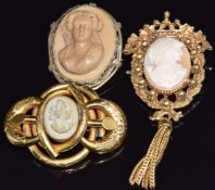 Victorian pinchbeck brooch set with a lava cameo and two other cameo brooches