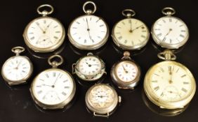 Ten various white metal and 'Fine Silver' pocket and wristwatches including a keyless winding pocket