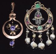 Edwardian 9ct gold pendant, 4.5 x 2cm, 1.2g and a silver pendant with Hand of Fatima set with