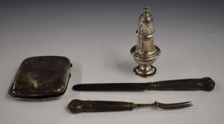 Hallmarked silver pepper, hallmarked silver cigarette case and hallmarked silver knife and fork,