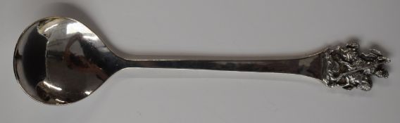 Guild of Handicrafts hallmarked silver spoon with George and the Dragon finial and hammered Arts and