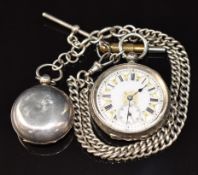 Continental silver open faced pocket watch with subsidiary seconds dial, blued hands, Roman numerals