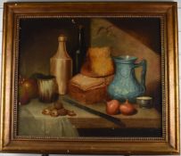 19th or early 20thC still life study of walnuts, bread and other food on a counter, 49 x 59cm, in