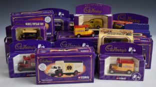 Thirty-two Corgi, Matchbox and similar diecast model vehicles all with Cadbury's related advertising