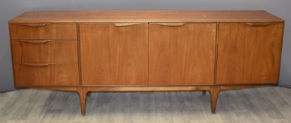 McIntosh retro teak sideboard having three drawers, twin cupboard doors and fall flap, W204 x D49