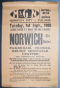 1908 Norwich City v Fulham M & G N railway football poster, 38 x 25cm