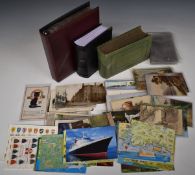 Three postcard albums and loose cards, the first partially cat themed including Louis Wain, humorous