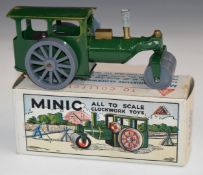 Tri-ang Minic clockwork tinplate Steam Roller in green with grey wheels, in original box.