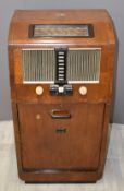 HMV radiogram c1950s, with short, medium and longwave, ivory coloured Bakelite knobs, no