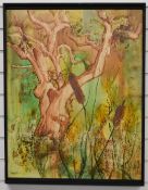 Roger Hill (Canadian) oil on board tree and bullrushes, signed and dated 64 lower left, 76 x 61cm