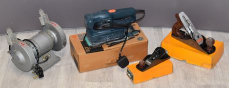 Hilka 5 inch bench grinder, Stanley 4 and 220 planes and a Black and Decker sander