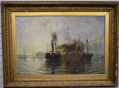 Henry Thomas Dawson (1841-1896) sailing ship being brought to a buoy by two paddle tugs in a busy