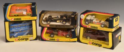 Six Corgi diecast model cars including 154 John Player Special Lotus, 279 Rolls Royce Corniche and