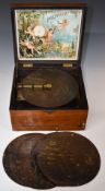 A mahogany cased table top Polyphon with 8 inch discs, 26 x 24 x 15cm
