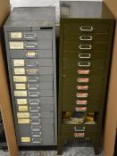 Two sets of metal industrial style drawers and contents, to include saw blades, BA spanners,