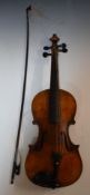 Late 19th / early 20thC violin labelled Antonius Stradivarius, with 36cm two piece back and bow,