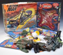 A collection of Action Man, Thunderbirds and Captain Scarlet vehicles and outfits, including