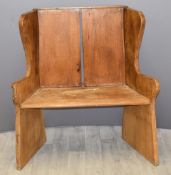 Rustic elm or similar solid seat settle or chair, W97cm